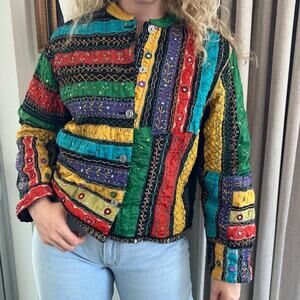 Chico's Vintage Patchwork Jacket Size 3 XL Embroidered Mirror Sequin Coin Trim